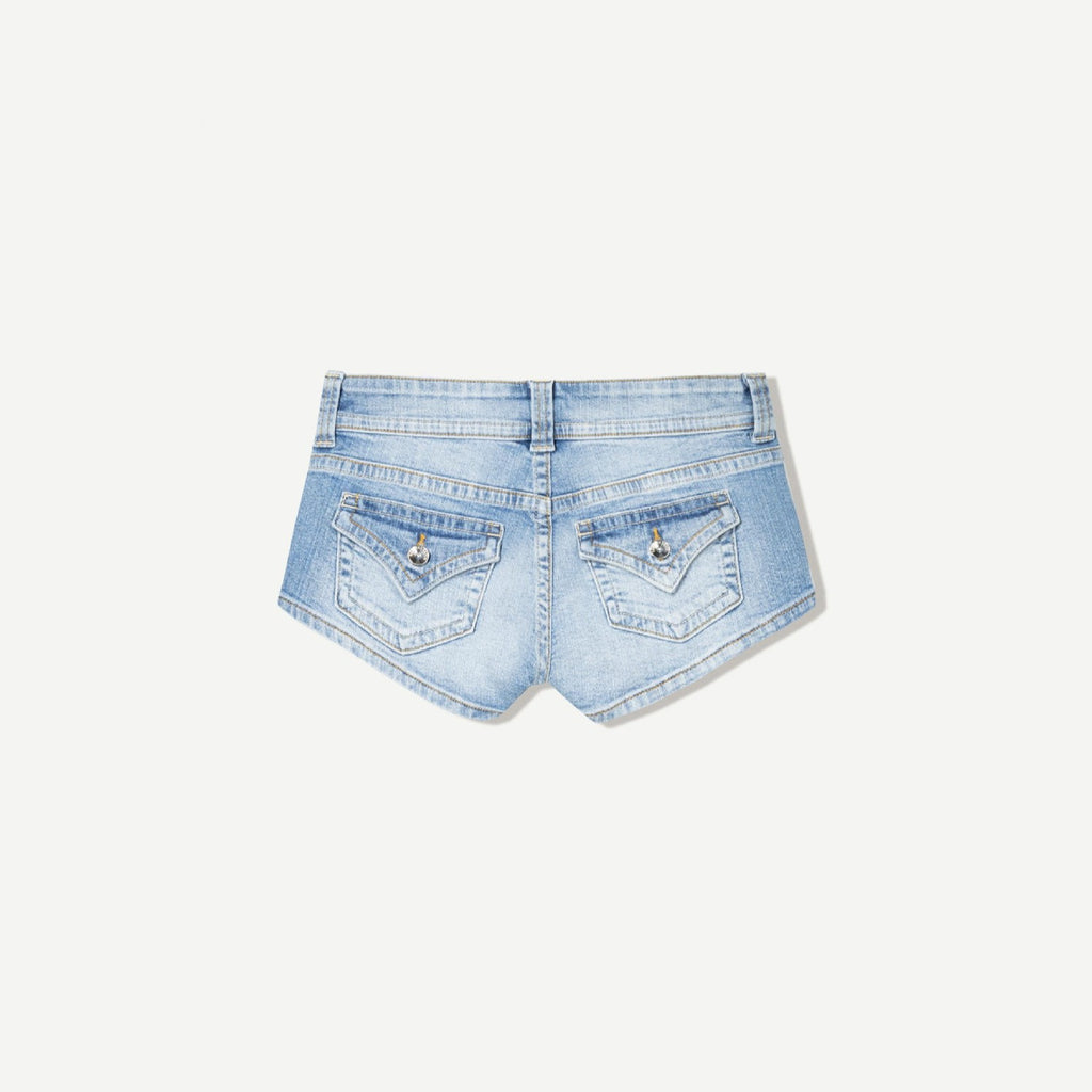 Edgy low-rise double-button denim shorts—hip-hugging hot pants.