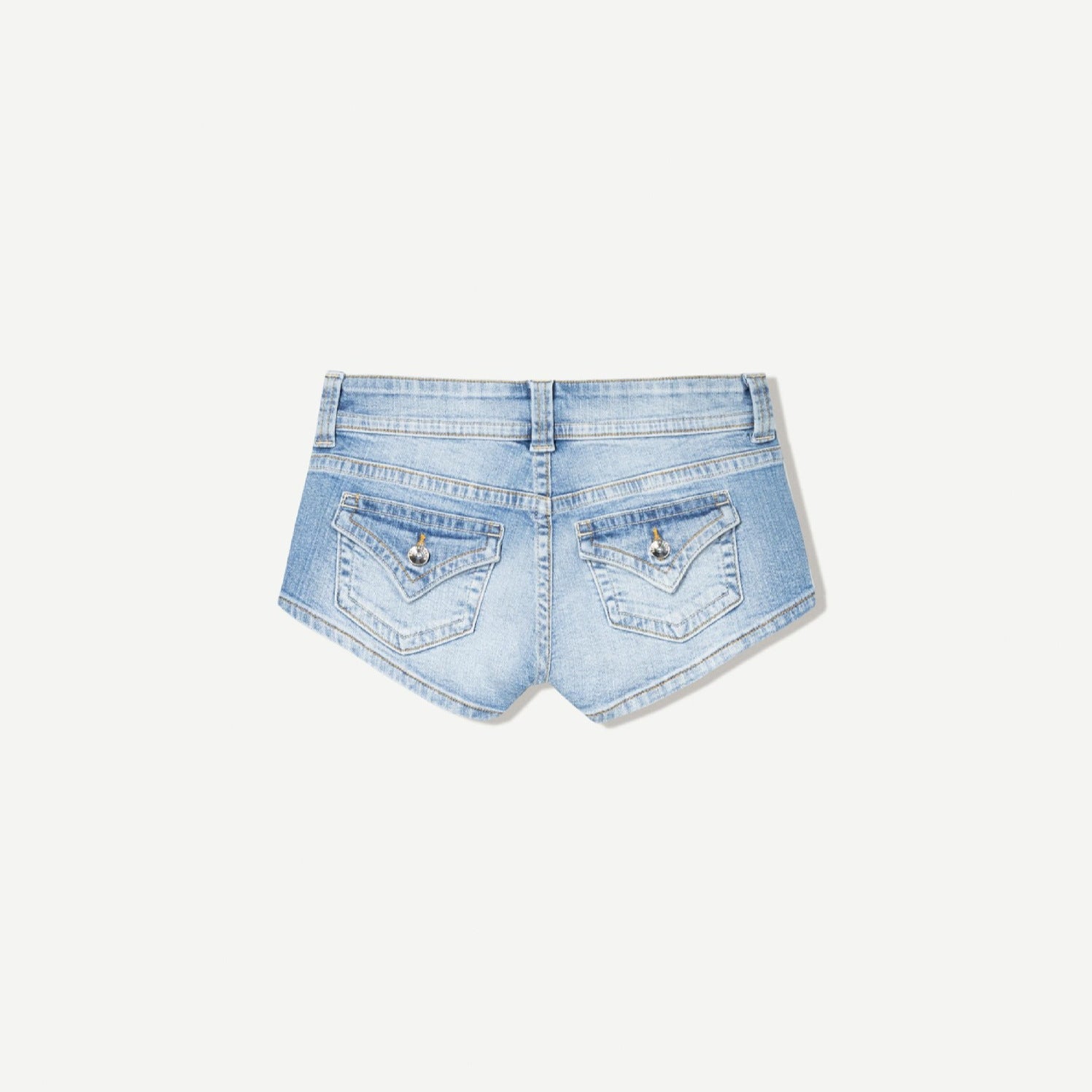 Edgy low-rise double-button denim shorts—hip-hugging hot pants.