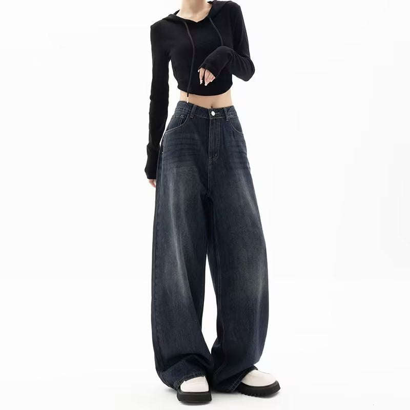 American Retro Y2K Blue Wide-Leg Denim Pants