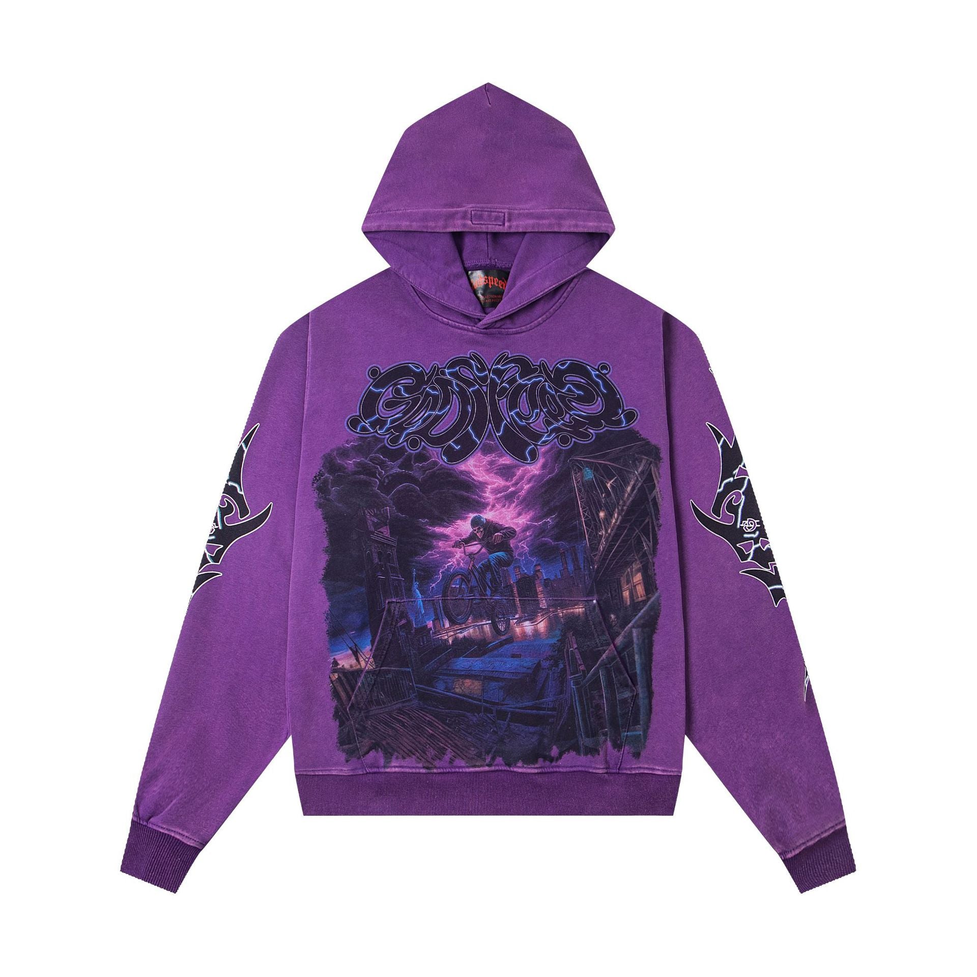 Vintage-Washed Pure Cotton Hip-Hop/Streetwear Hoodie with Print