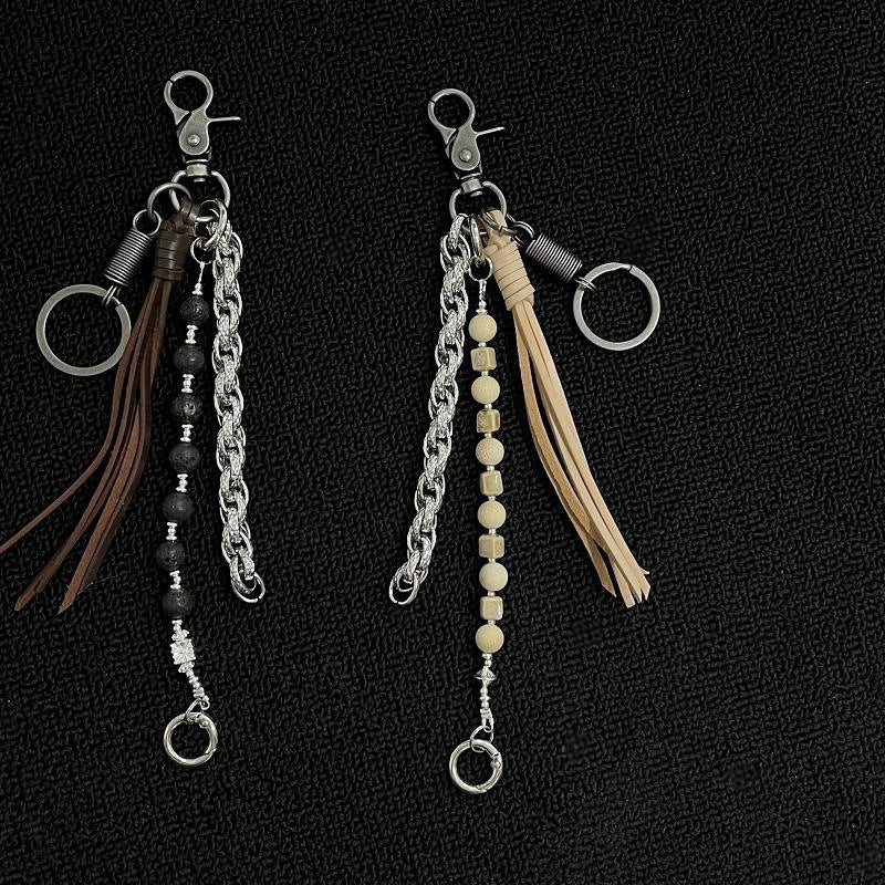 Biker Wallet Chain Lava Bead Leather Tassel Keychain