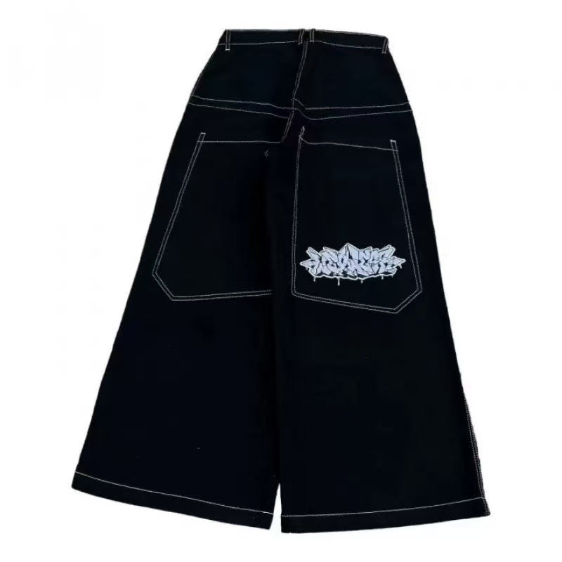 Vintage-Wash Denim Jeans with Y2K Hip-Hop Embroidery