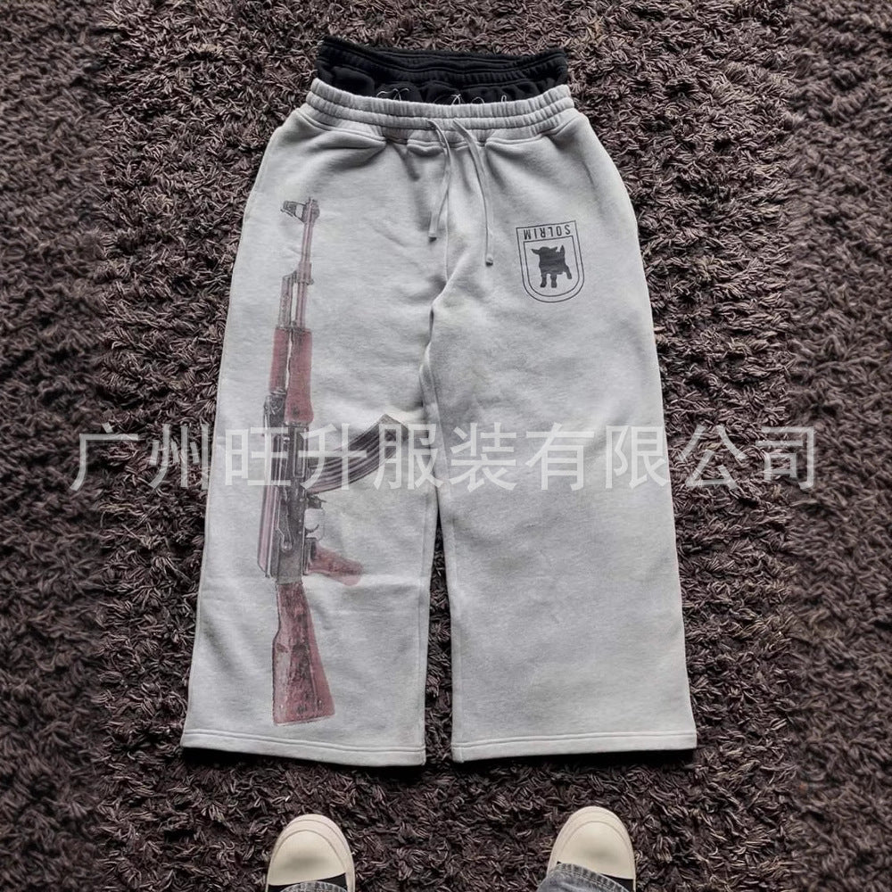 Street-Style Sweatpants with Embroidery and AK-47 Print