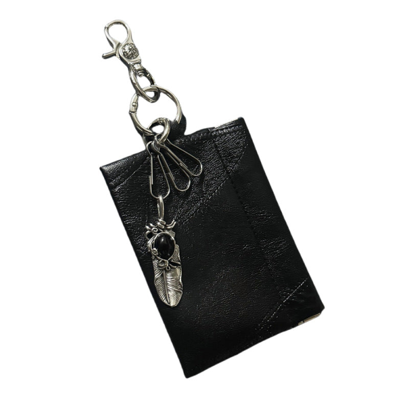 Black Leather Keychain Wallet with Silver Feather Charm