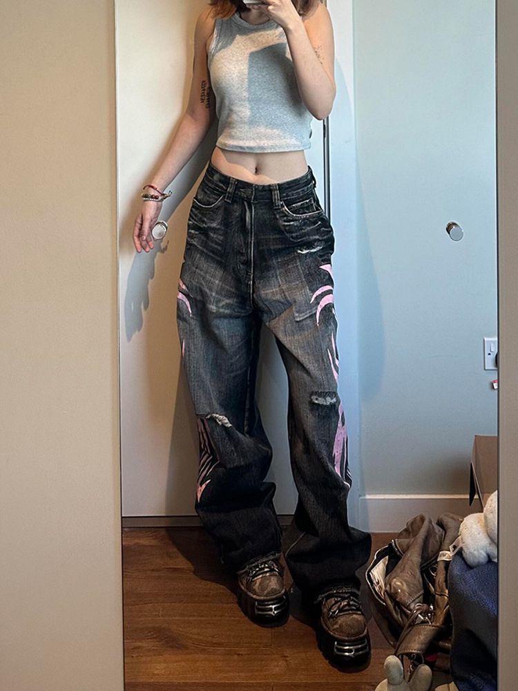 Y2K Hip-Hop Style Washed, Distressed, and Printed Jeans