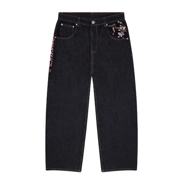 Retro Straight-leg Jeans with Plum Blossom Embroidery