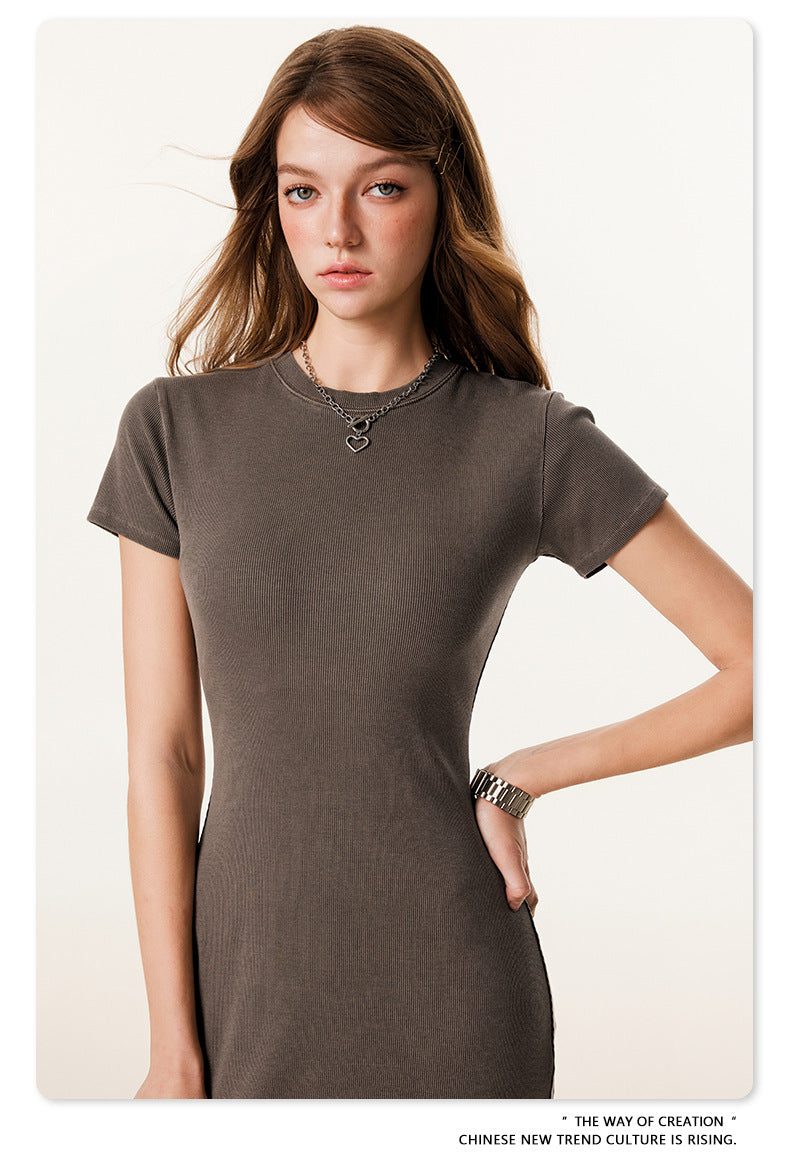 Yaviora Short-Sleeve Long Dress Slim Fit Bodycon Slit Skirt