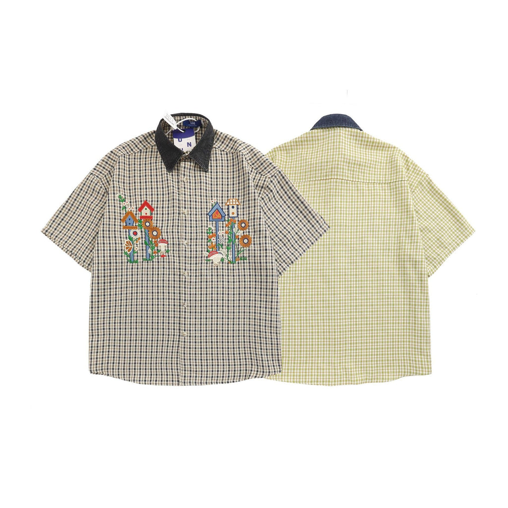 YAVIORA Denim Collar Plaid Shirt
