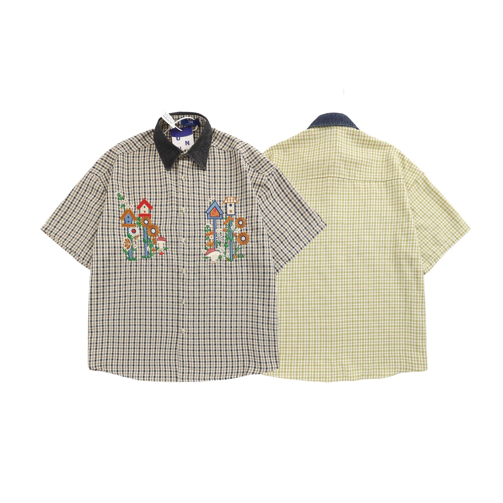 YAVIORA Denim Collar Plaid Shirt