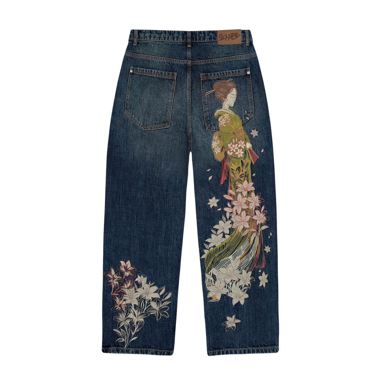 Retro Straight-leg Jeans with Plum Blossom Embroidery
