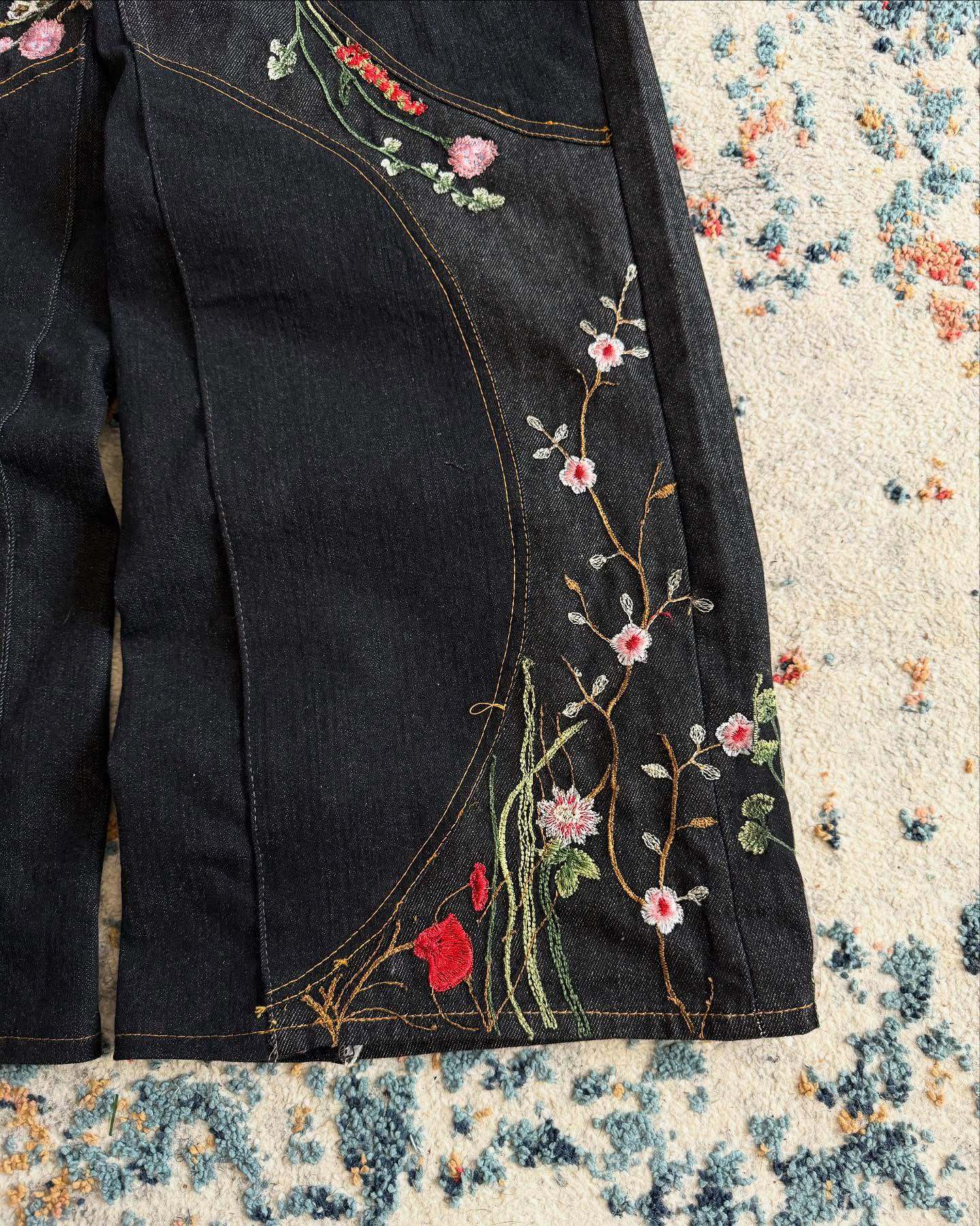 Y2K loose-fit wide-leg patchwork trousers with floral embroidery