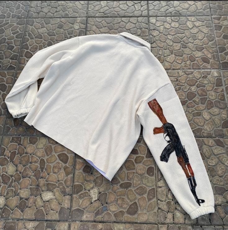 Stylish Jacket with Firearm and Letter Graphics