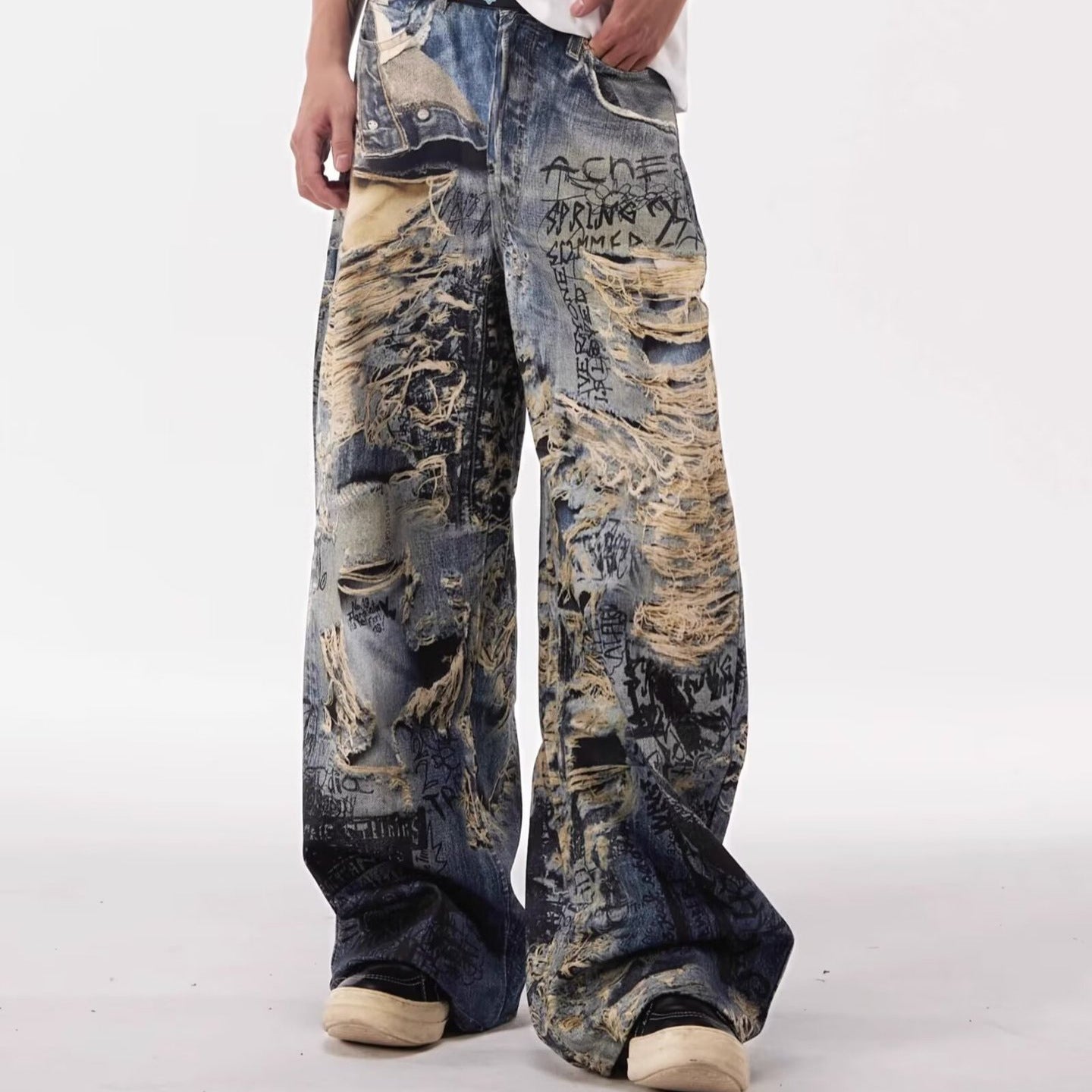 Y2K Graffiti-destructive 3D digital distressed jeans for men