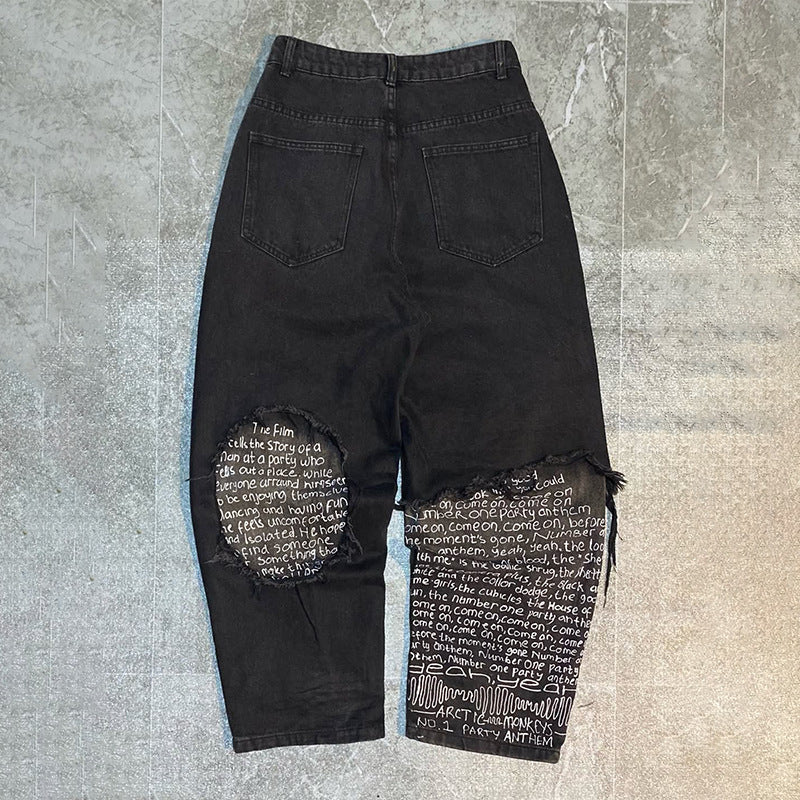 Y2K Men's Hip-Hop Jeans with American-Style Graphic Lettering