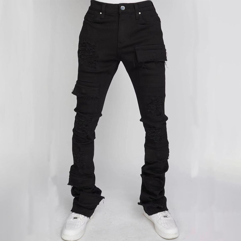 Stretch Ripped Denim Layered Flare Cargo Jeans