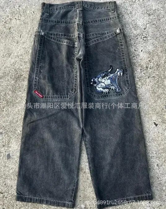 Vintage-Wash Denim Jeans with Y2K Hip-Hop Embroidery