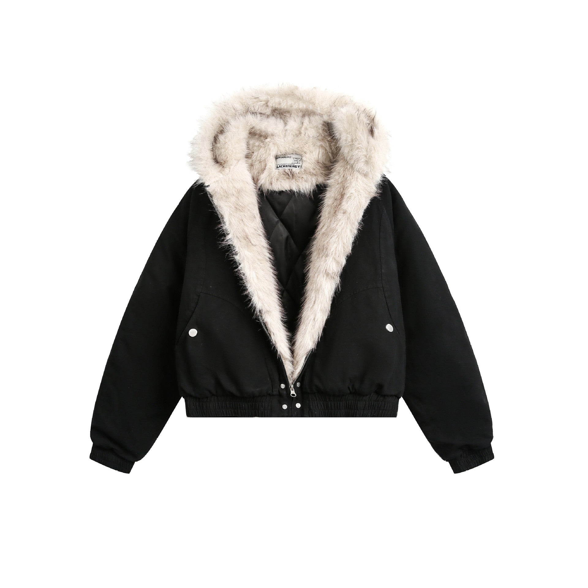 Black jacket with fur hood on a white background