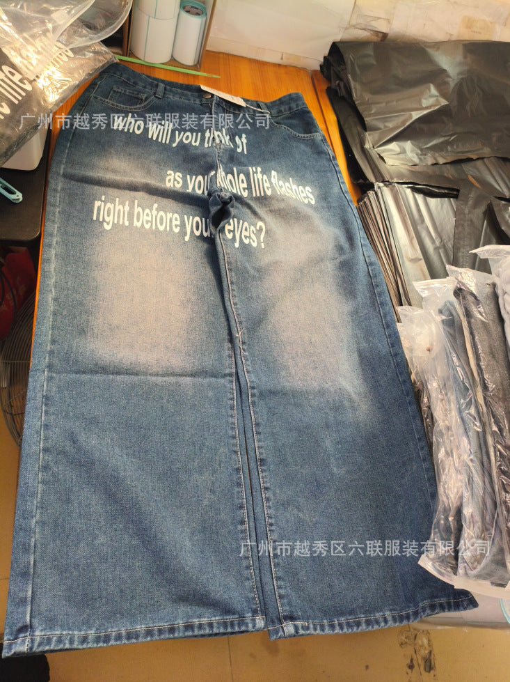 Y2K Men's Hip-Hop Jeans with American-Style Graphic Lettering
