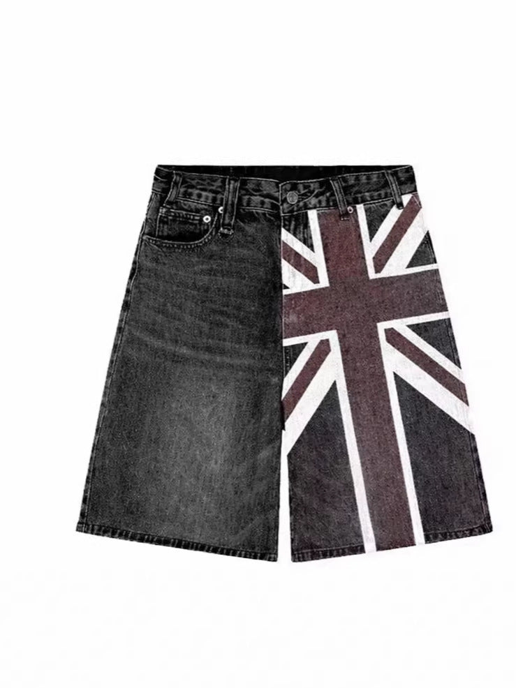 Y2K Gothic Flag-Print Color-Block Low-Rise Slim-Fit Denim Shorts