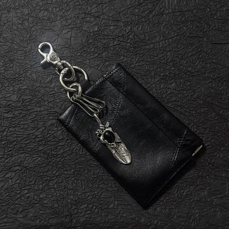 Black Leather Keychain Wallet with Silver Feather Charm