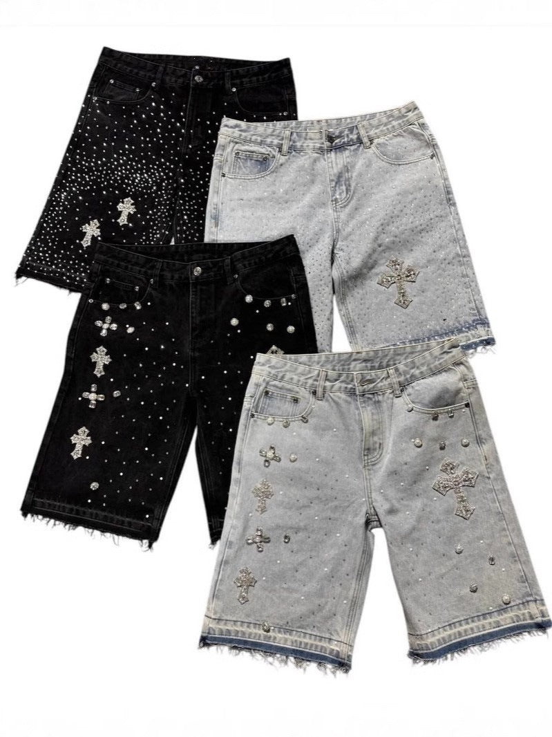 Full rhinestone hip-hop cross hot-fix denim shorts