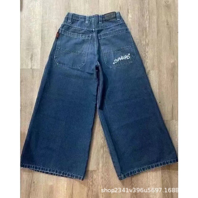 Vintage-Wash Denim Jeans with Y2K Hip-Hop Embroidery