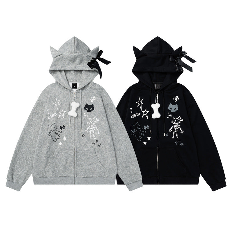 YAVIORA Cat Print Zip Hoodie