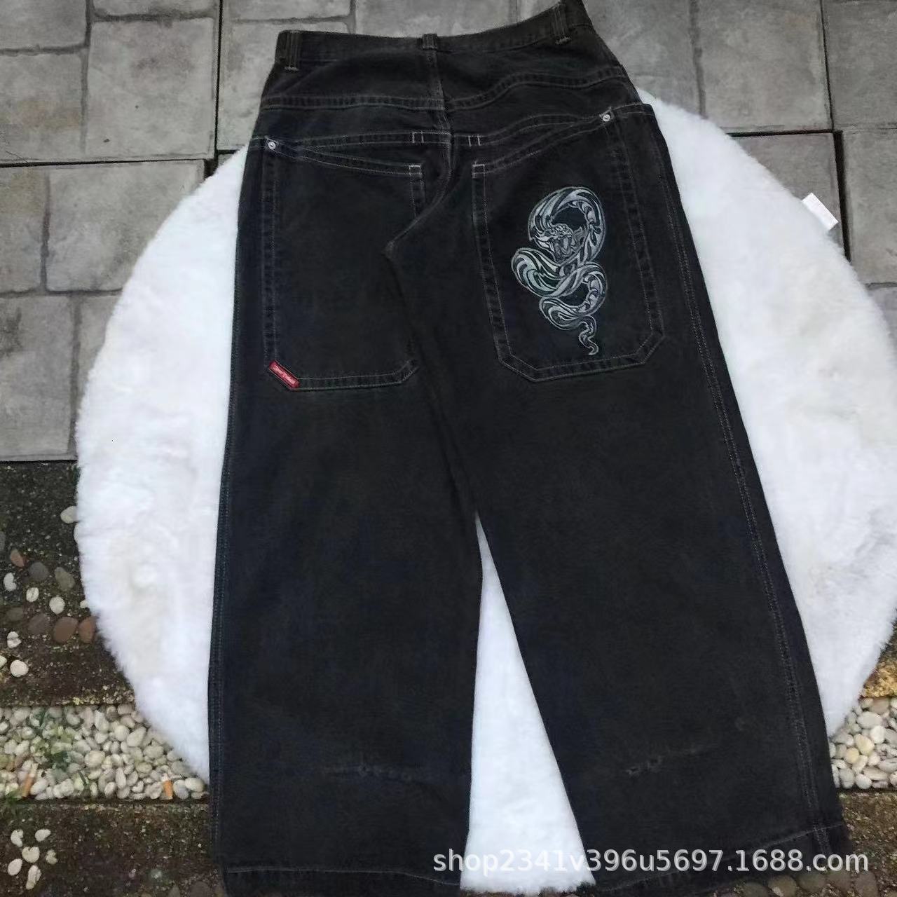 Vintage-Wash Denim Jeans with Y2K Hip-Hop Embroidery