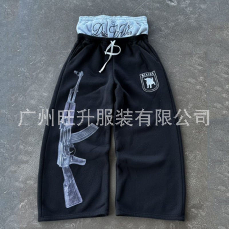Street-Style Sweatpants with Embroidery and AK-47 Print