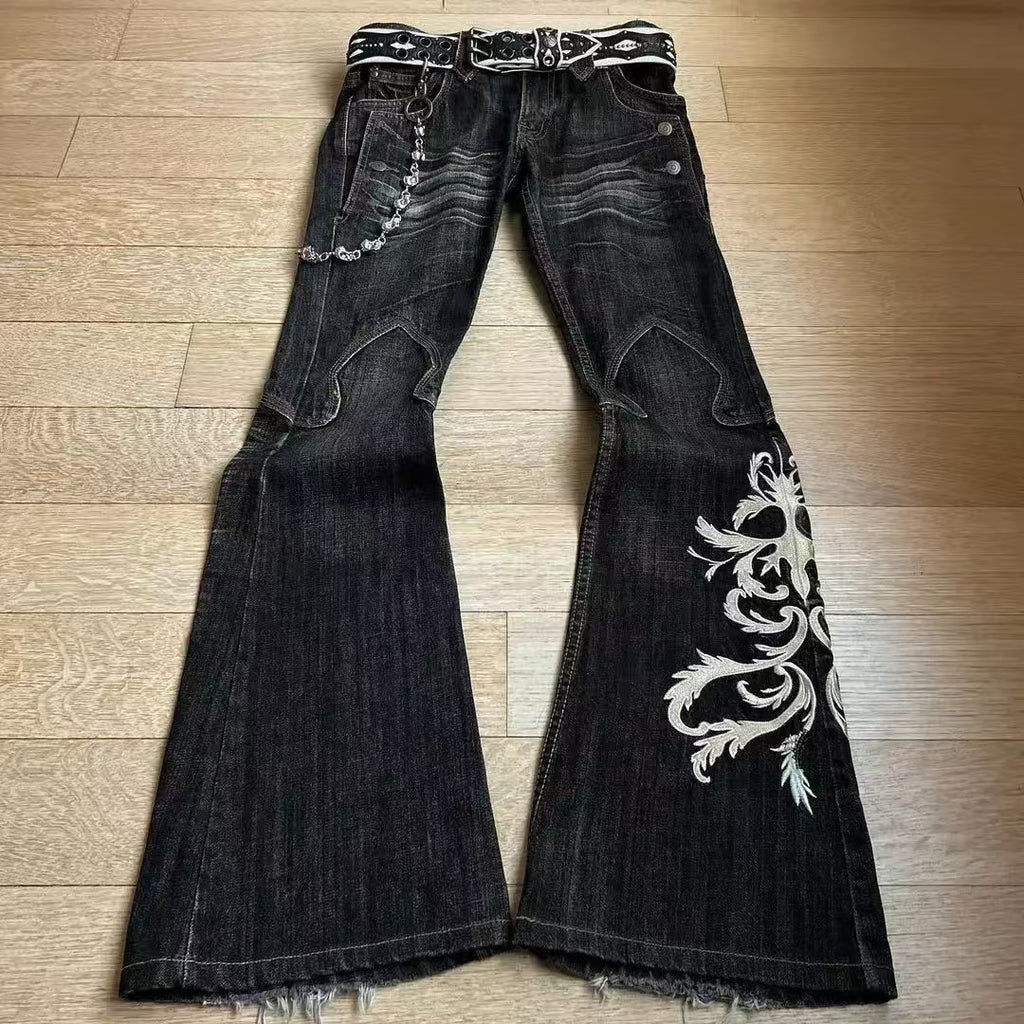 Y2K Dark-Style Patchwork Embroidered Flare Jeans