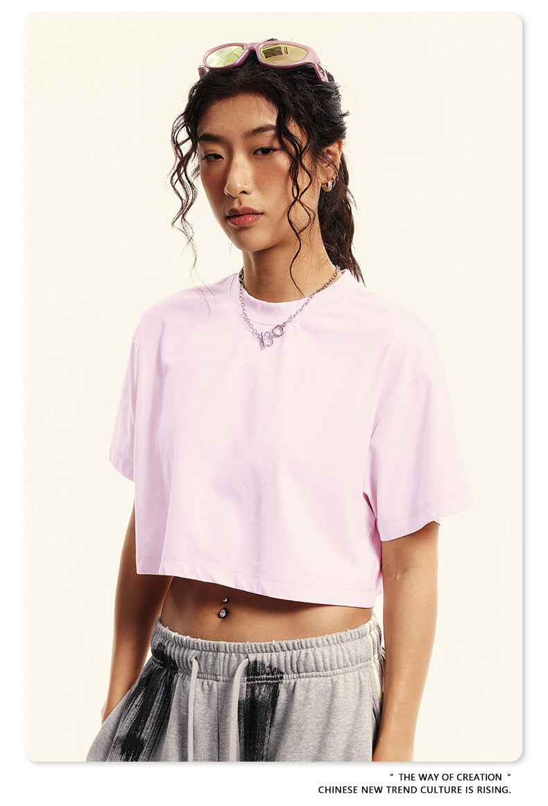 Yaviora Round Neck Crop Top Sexy Loose Short-Sleeve T-Shirt