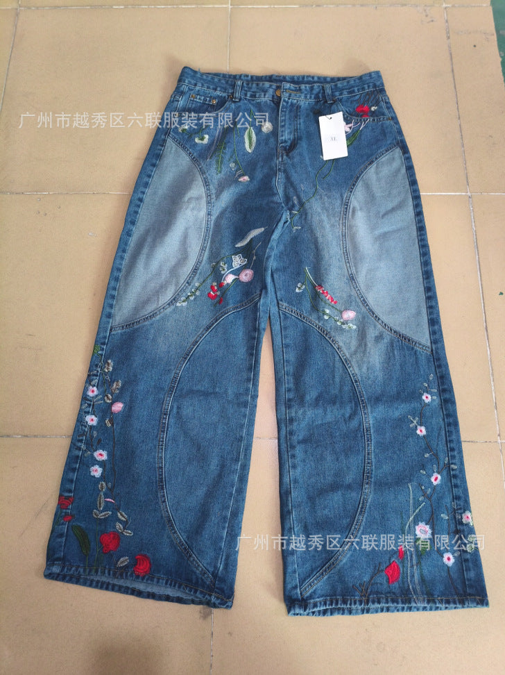 Y2K loose-fit wide-leg patchwork trousers with floral embroidery