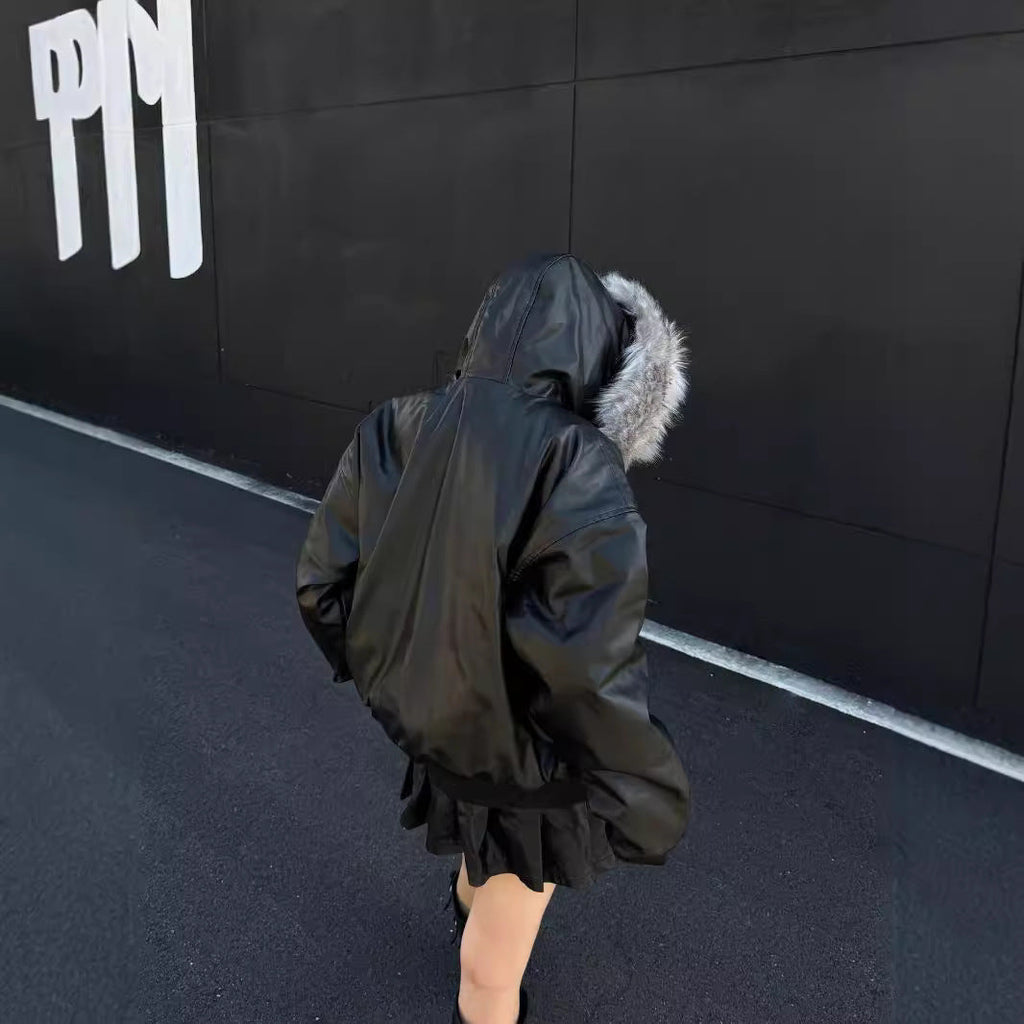 YAVIORA Fur Collar PU Jacket
