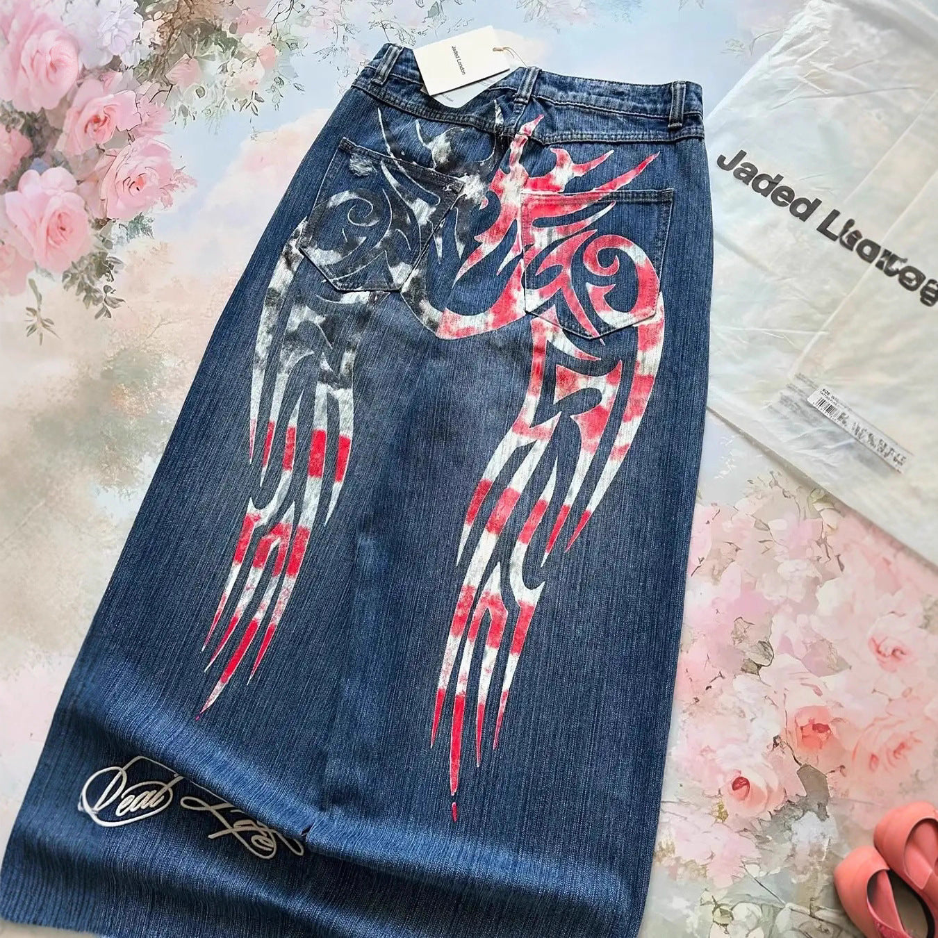 Y2K Hip-Hop Style Washed, Distressed, and Printed Jeans