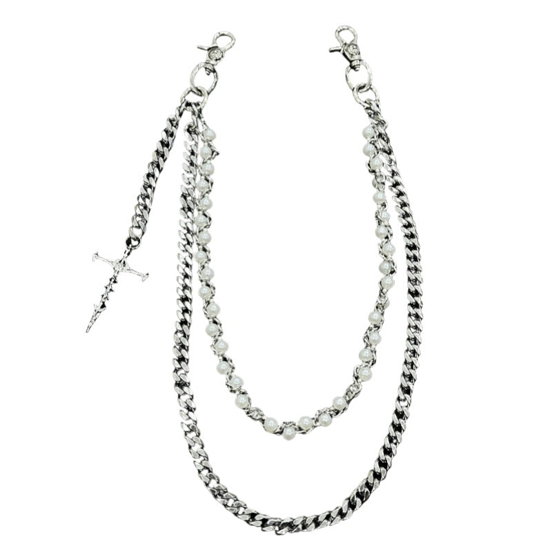 Silver Layered Wallet Chain Pearl Cross Pendant Men