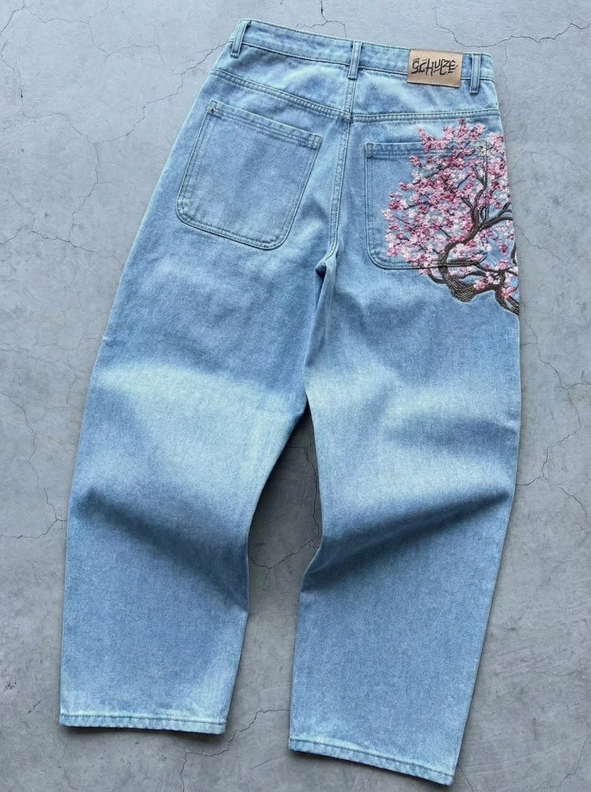 Retro Straight-leg Jeans with Plum Blossom Embroidery