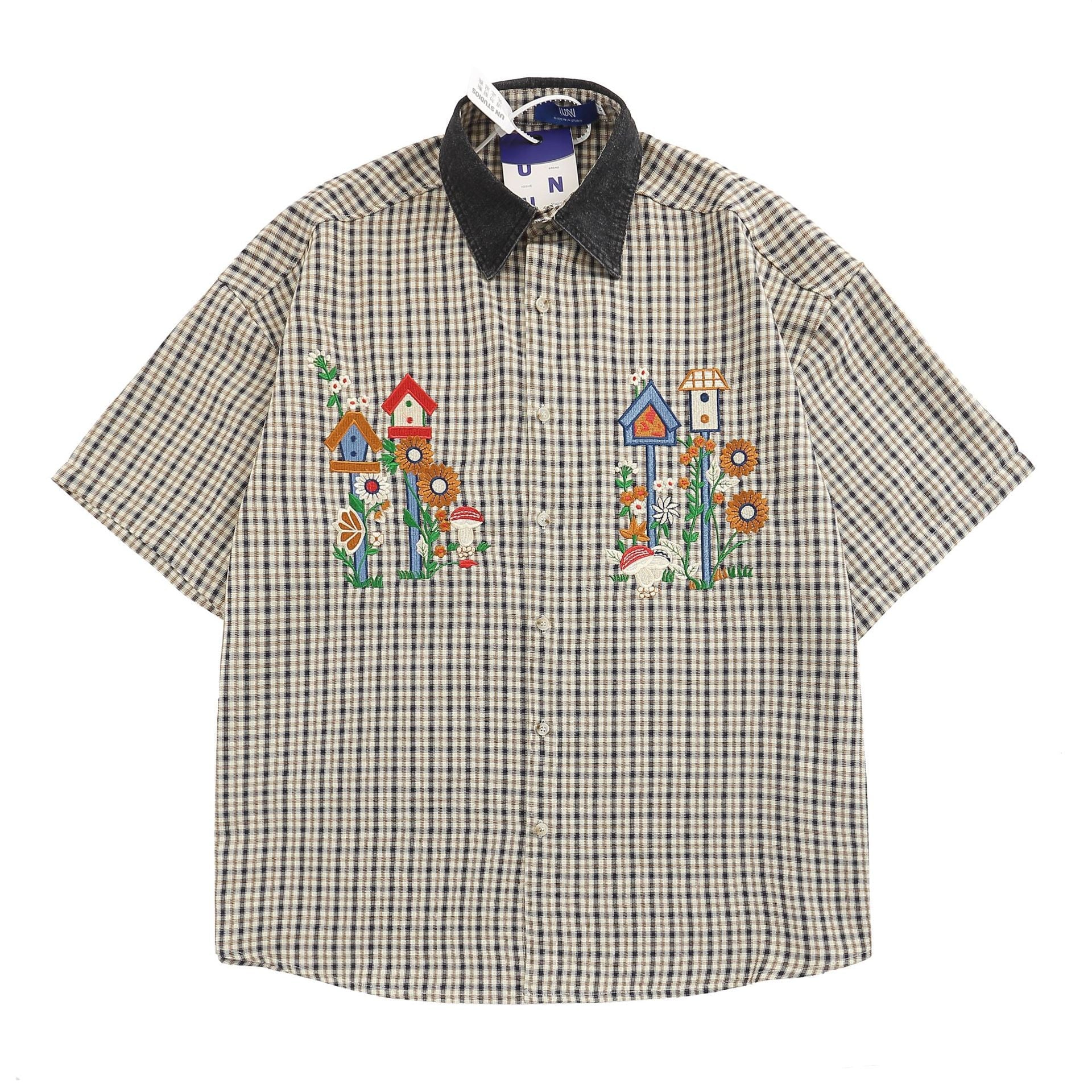 YAVIORA Denim Collar Plaid Shirt
