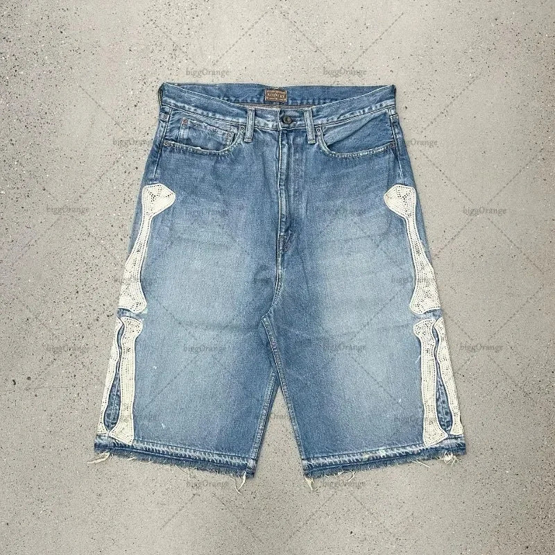 Camouflage Distressed Denim Cargo Shorts