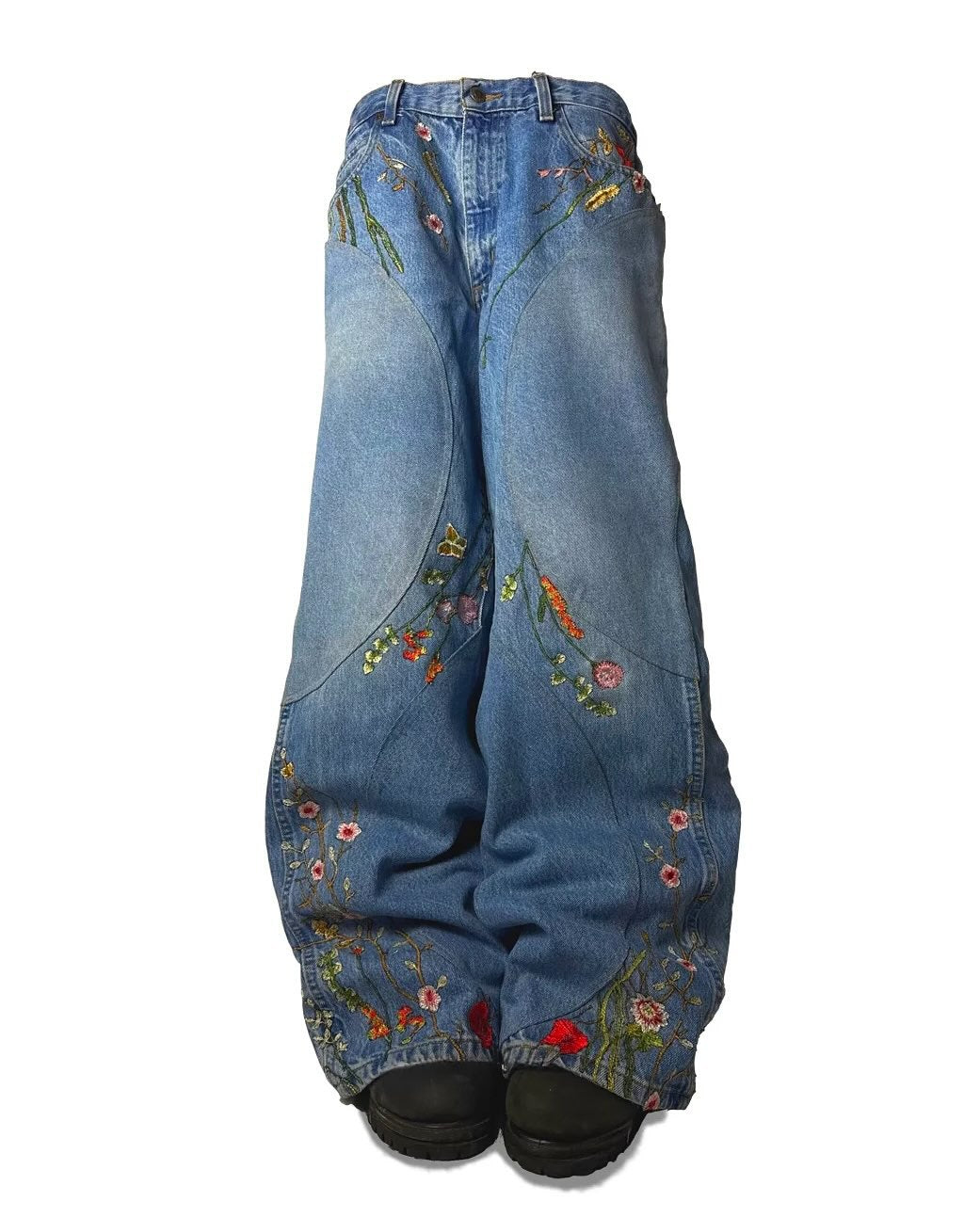Y2K loose-fit wide-leg patchwork trousers with floral embroidery