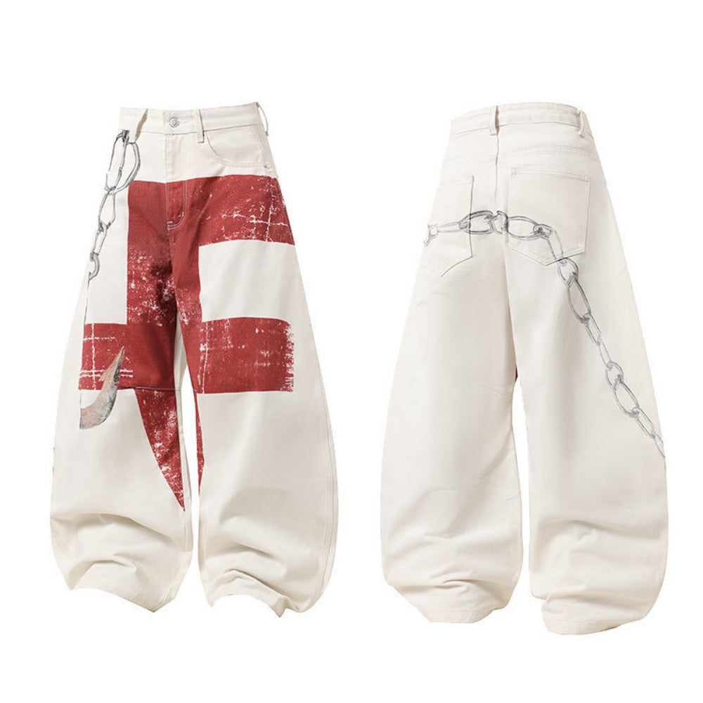 YAVIORA Red Cross Chain Wide Denim Pants