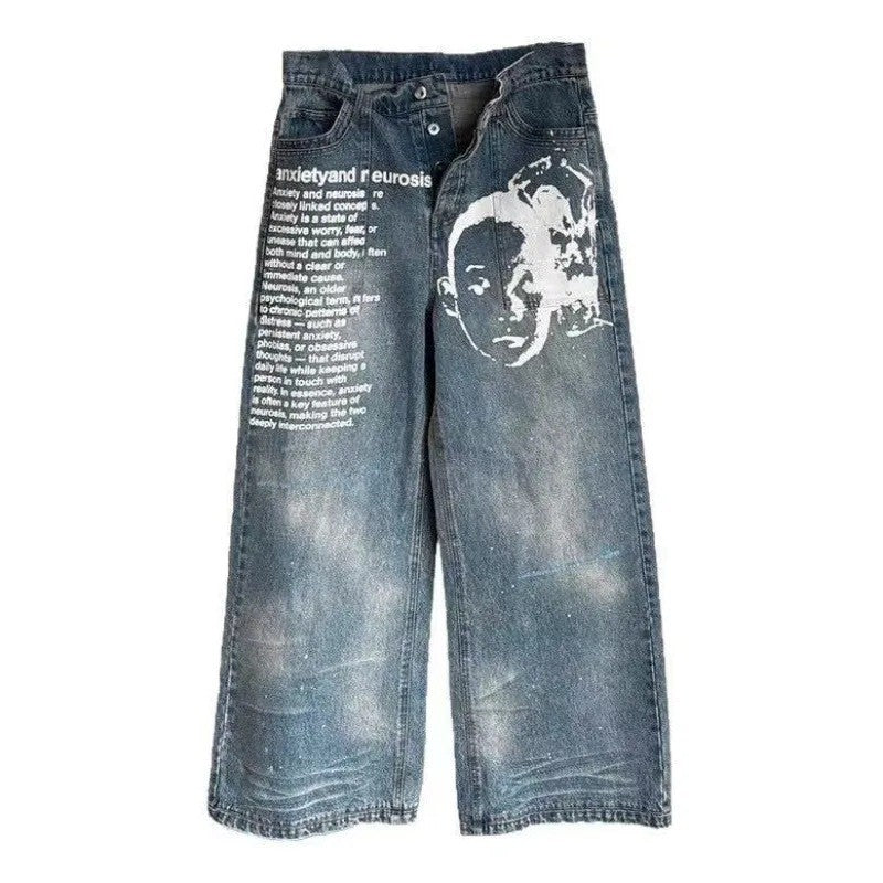 Y2K Men's Hip-Hop Jeans with American-Style Graphic Lettering