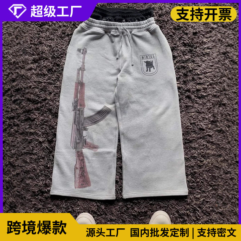 Street-Style Sweatpants with Embroidery and AK-47 Print