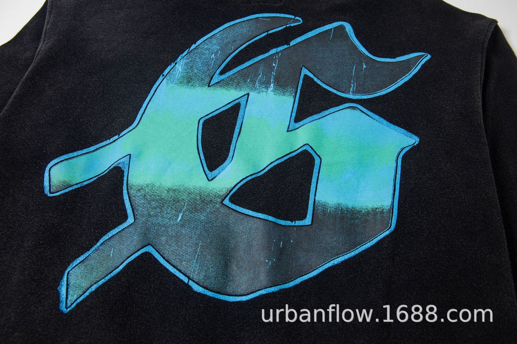 Vintage-Washed Pure Cotton Hip-Hop/Streetwear Hoodie with Print