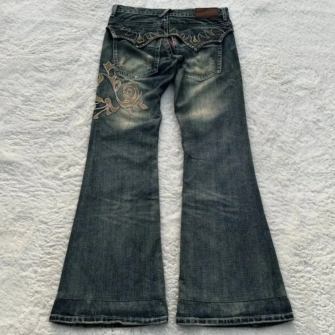 Y2K Dark-Style Patchwork Embroidered Flare Jeans