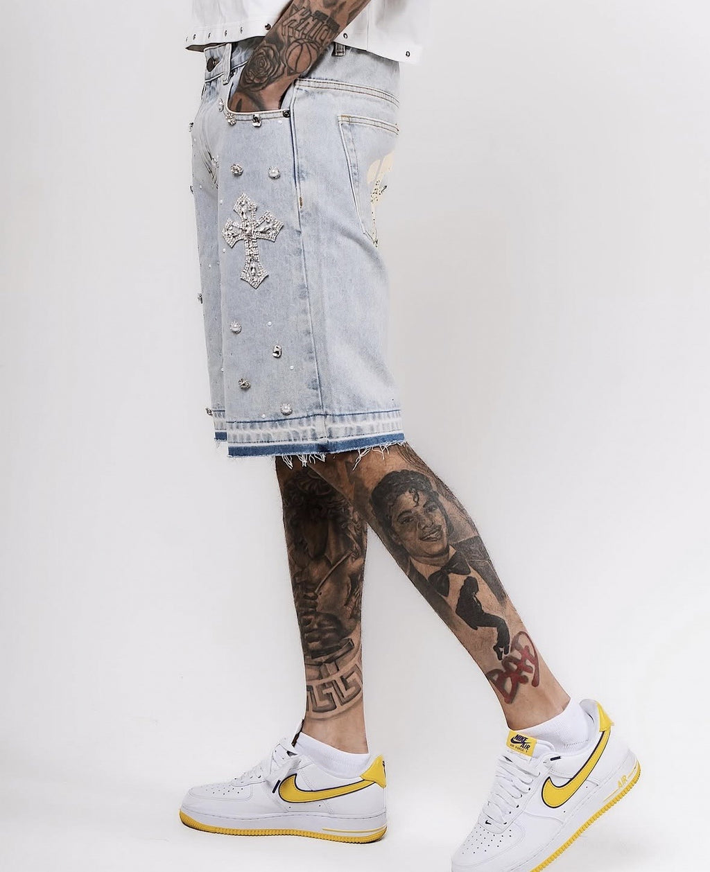 Full rhinestone hip-hop cross hot-fix denim shorts