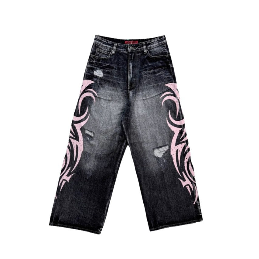 Y2K Hip-Hop Style Washed, Distressed, and Printed Jeans
