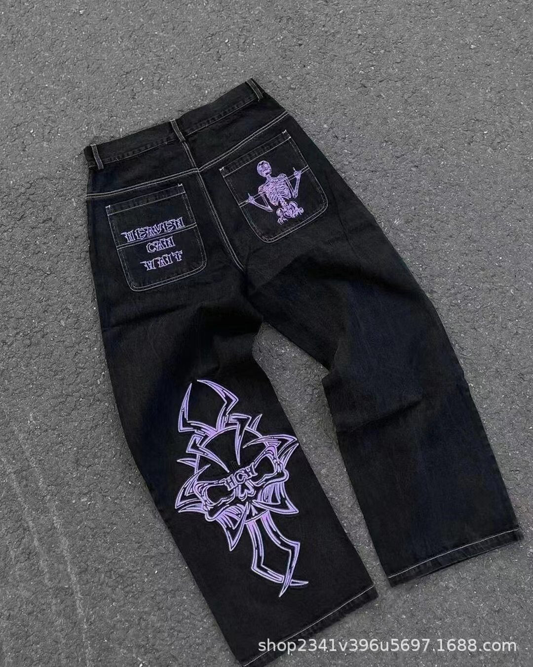 Vintage-Wash Denim Jeans with Y2K Hip-Hop Embroidery