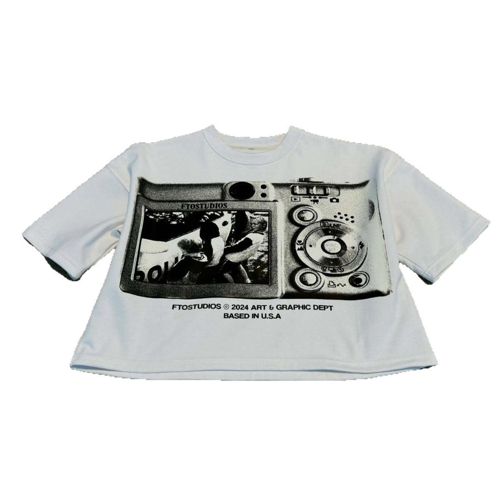 Street-style graffiti and vinyl record print T-shirt
