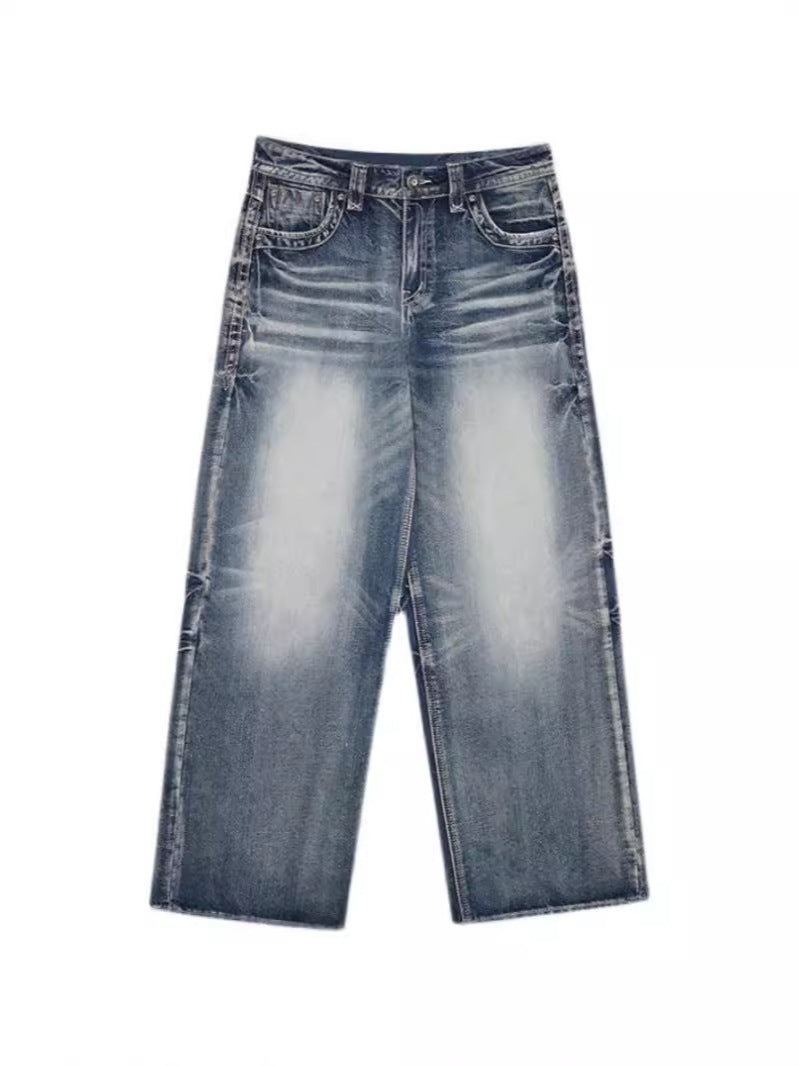 American Retro Y2K Blue Wide-Leg Denim Pants