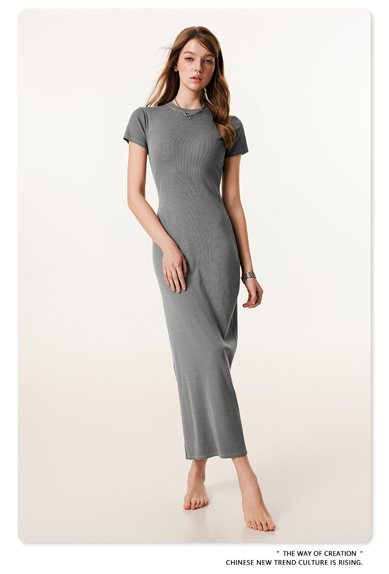 Yaviora Short-Sleeve Long Dress Slim Fit Bodycon Slit Skirt